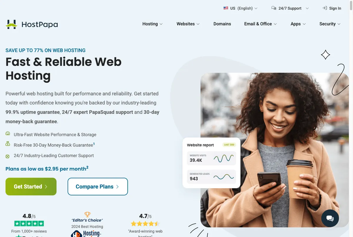 Tabel harga paket web hosting HostPapa di halaman resmi hostpapa.com