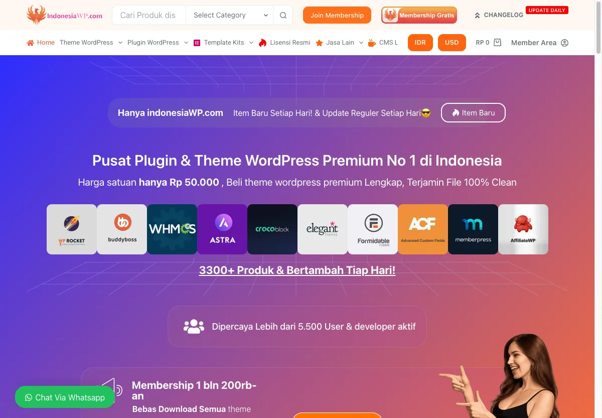 Halaman utama IndonesiaWP dengan harga plugin dan tema dalam Rupiah