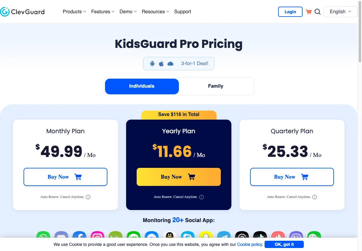 Halaman harga resmi KidsGuard Pro ClevGuard paket bulanan, kuartalan, dan tahunan