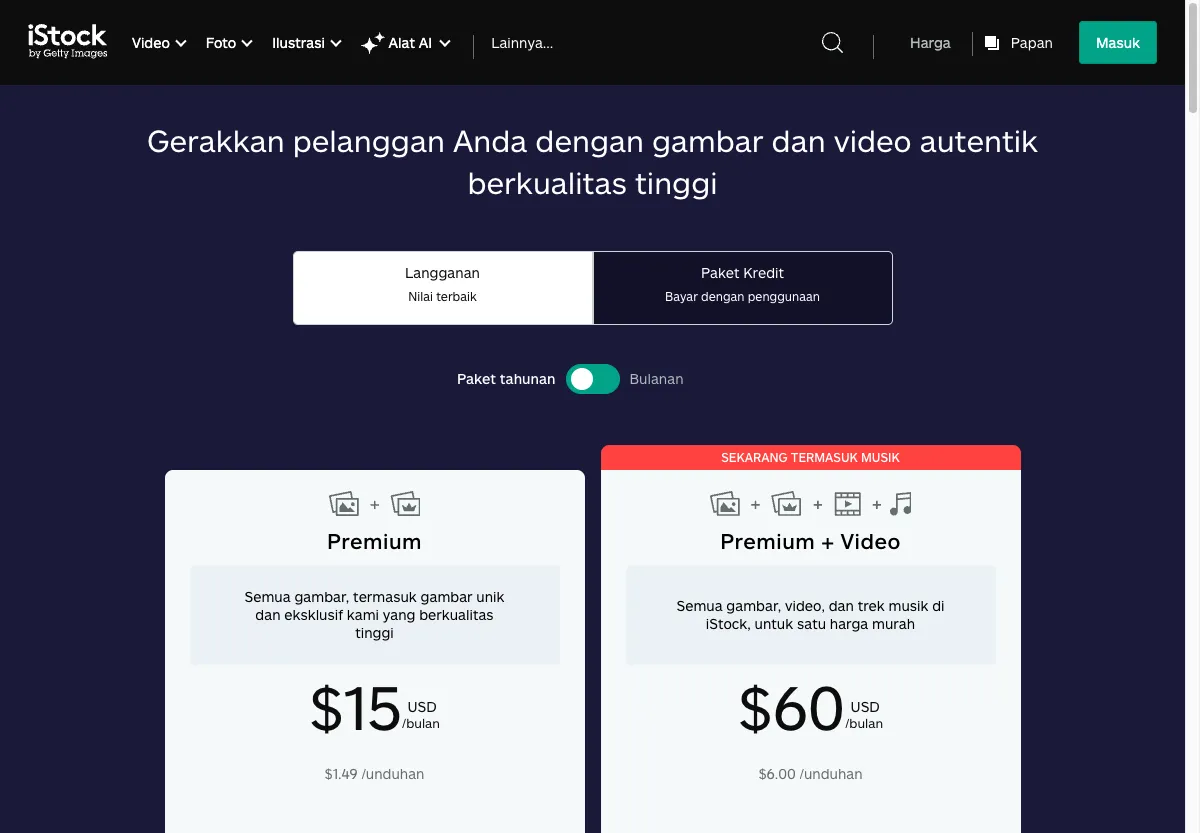 Halaman paket dan harga langganan iStock