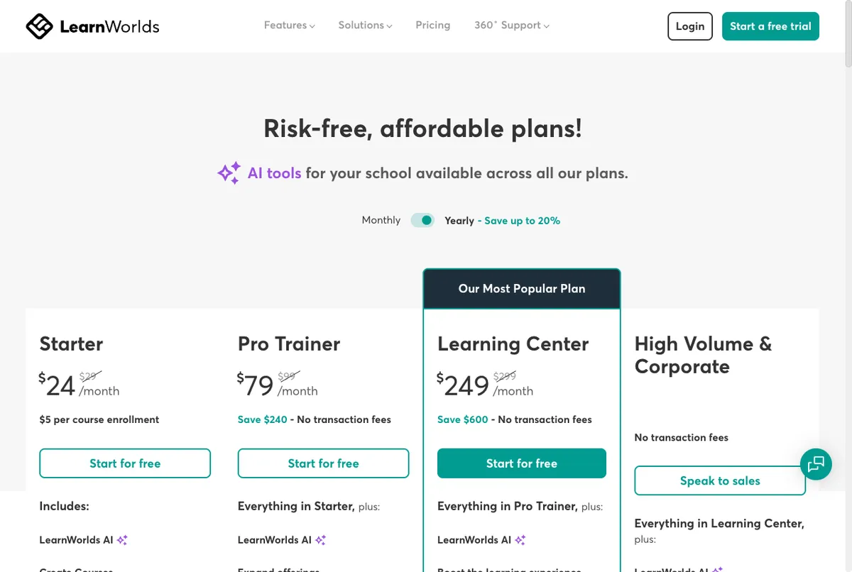 Halaman harga LearnWorlds paket Starter dan Pro Trainer