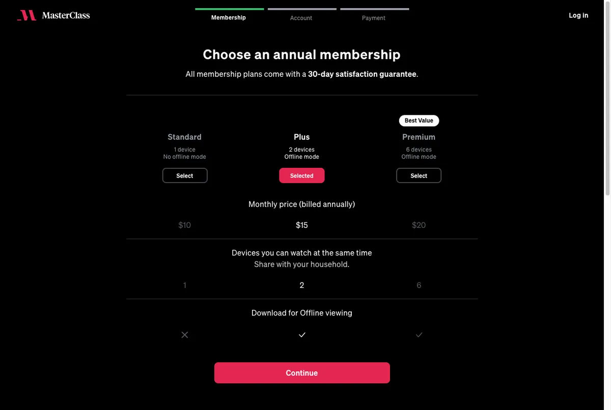 Halaman pilihan keanggotaan MasterClass paket Standard, Plus, dan Premium
