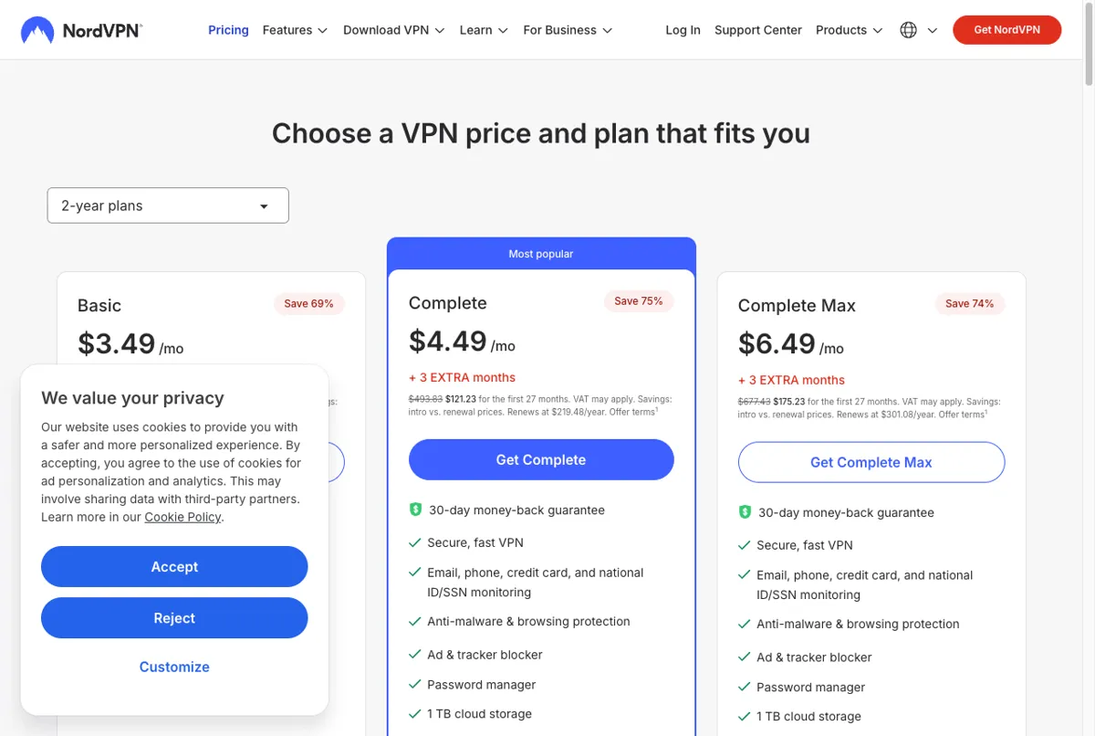 Harga paket NordVPN Basic Plus Complete di halaman resmi per Juli 2026