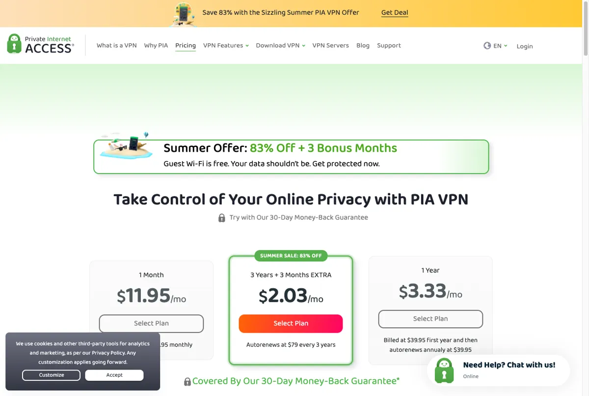 Harga paket Private Internet Access PIA di halaman resmi per Juli 2026