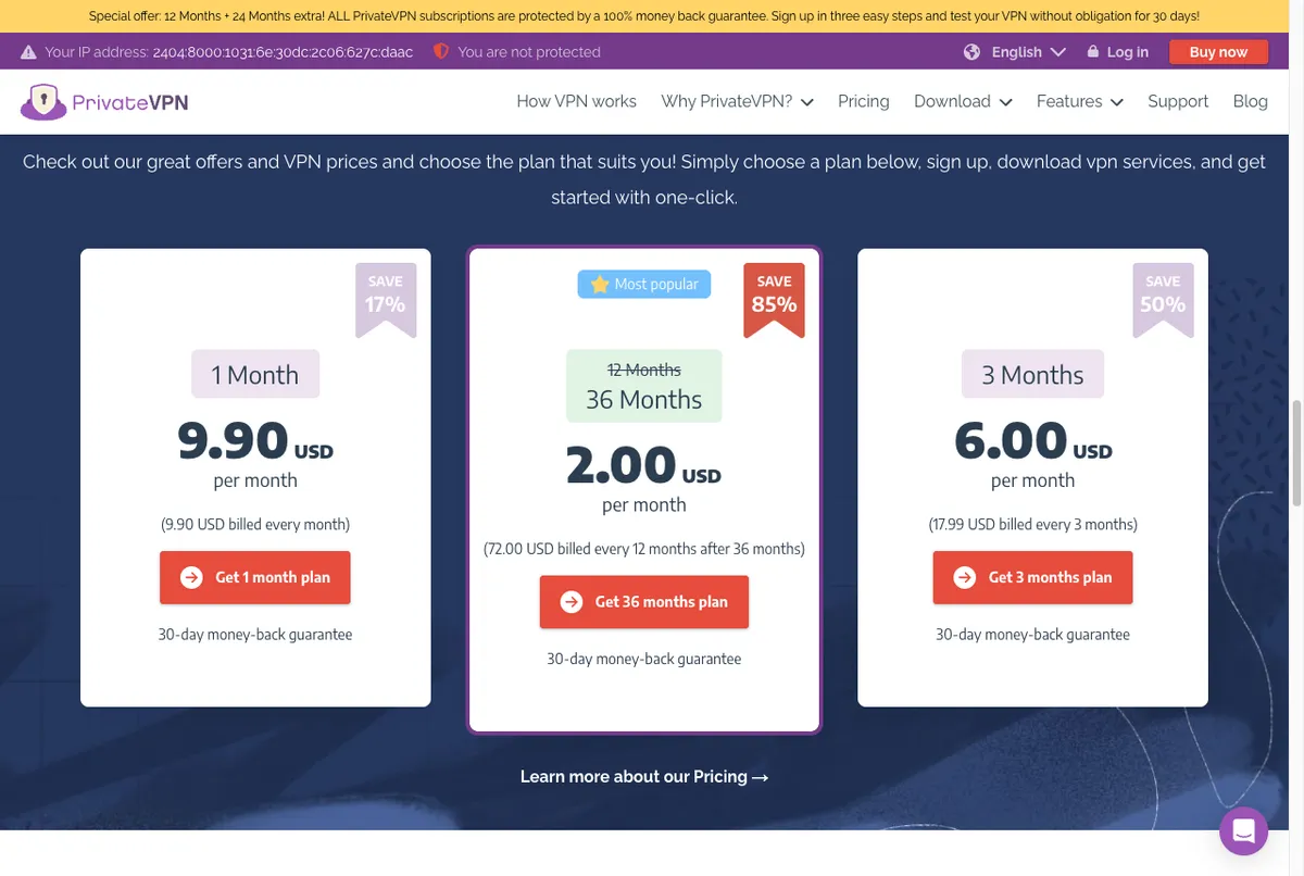Halaman harga resmi PrivateVPN untuk paket 1 bulan, 3 bulan, dan 36 bulan