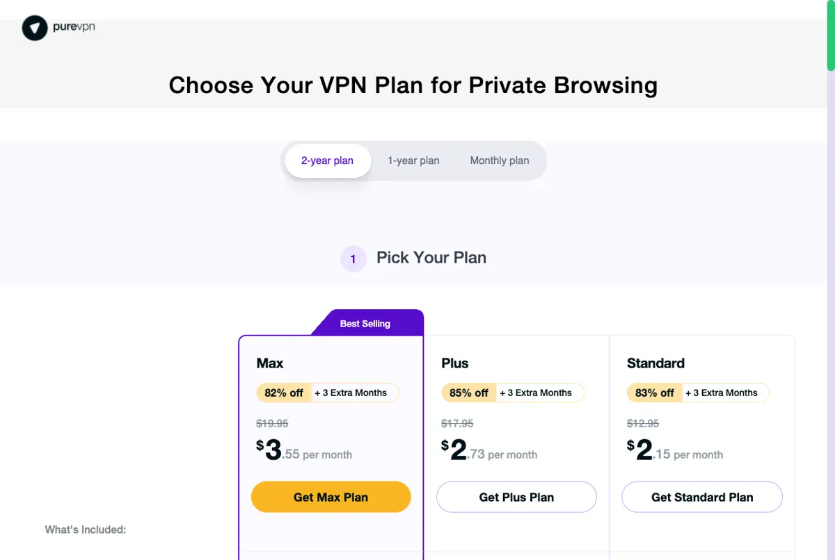 Harga paket PureVPN Standard Plus Max di halaman resmi per Juli 2026