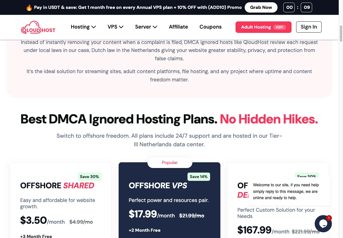 Halaman harga resmi QloudHost dengan paket offshore shared, VPS, dan dedicated server