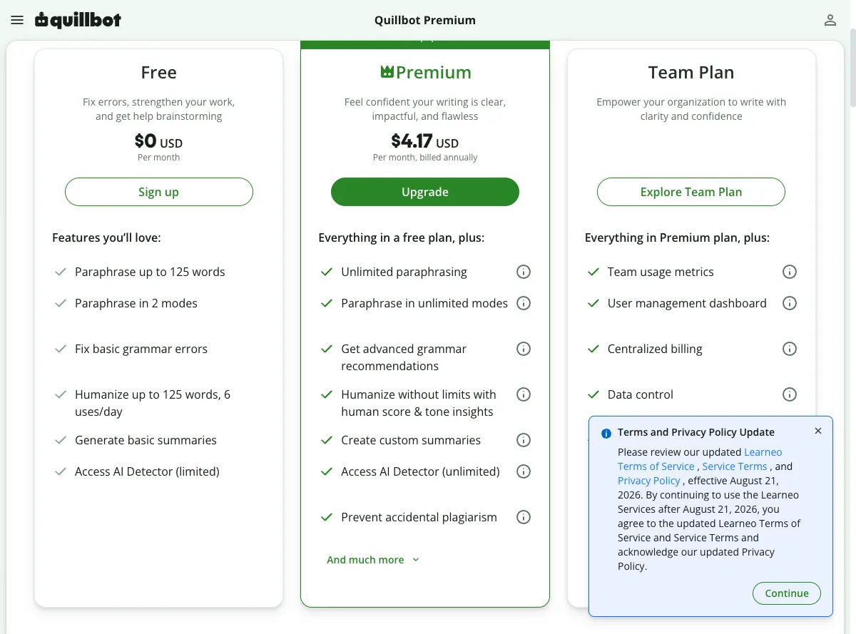 Harga QuillBot Premium di halaman resmi per Juli 2026