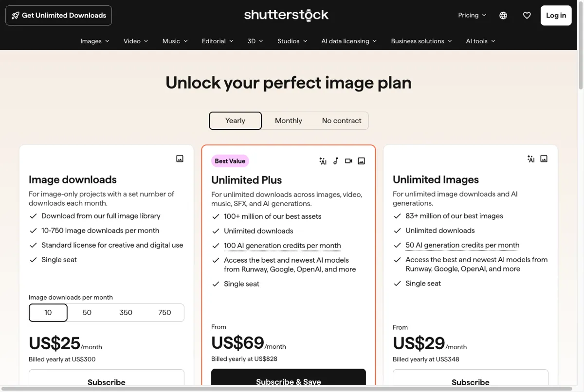 Harga paket langganan Shutterstock di halaman resmi per Juli 2026