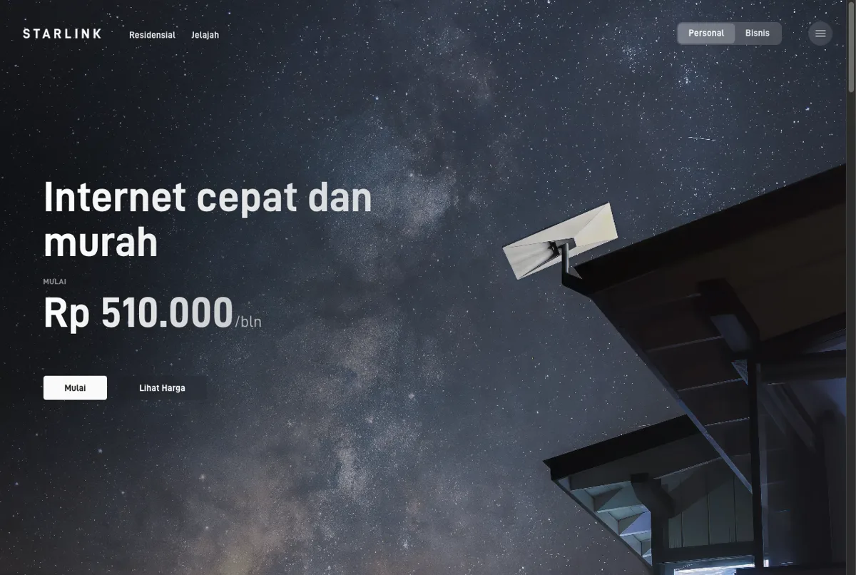 Harga paket langganan Starlink Indonesia Residensial Lite Rp510.000 dan Residensial Rp800.000 per Juli 2026