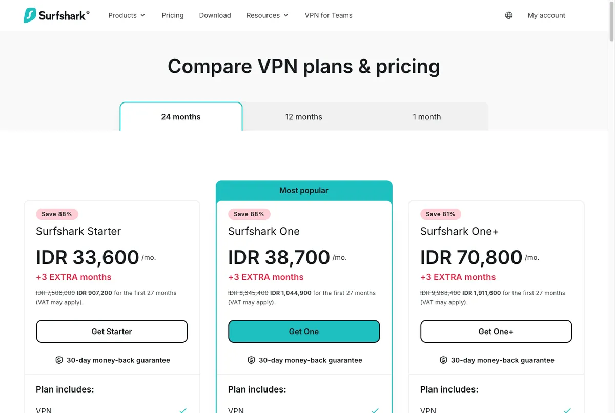 Halaman harga resmi Surfshark dengan paket Starter, One, dan One Plus dalam Rupiah