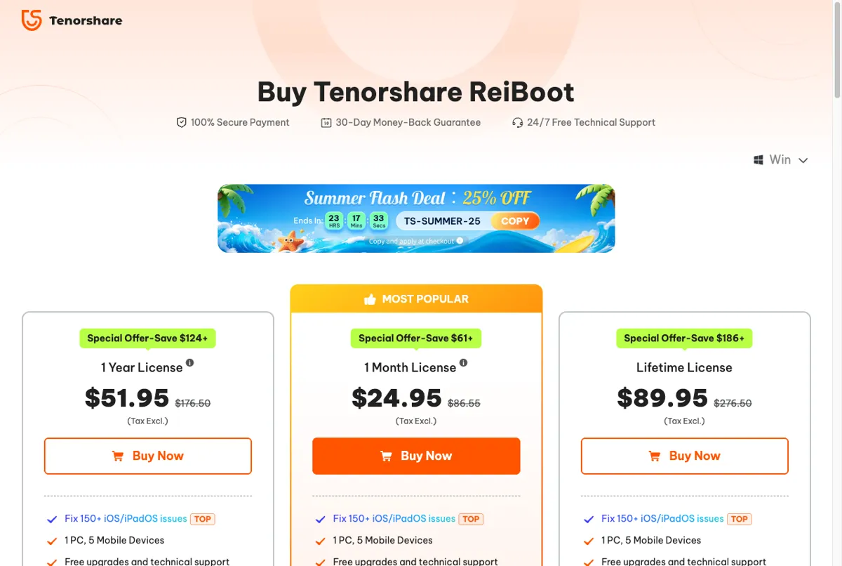 Harga lisensi Tenorshare ReiBoot di halaman resmi per Juli 2026