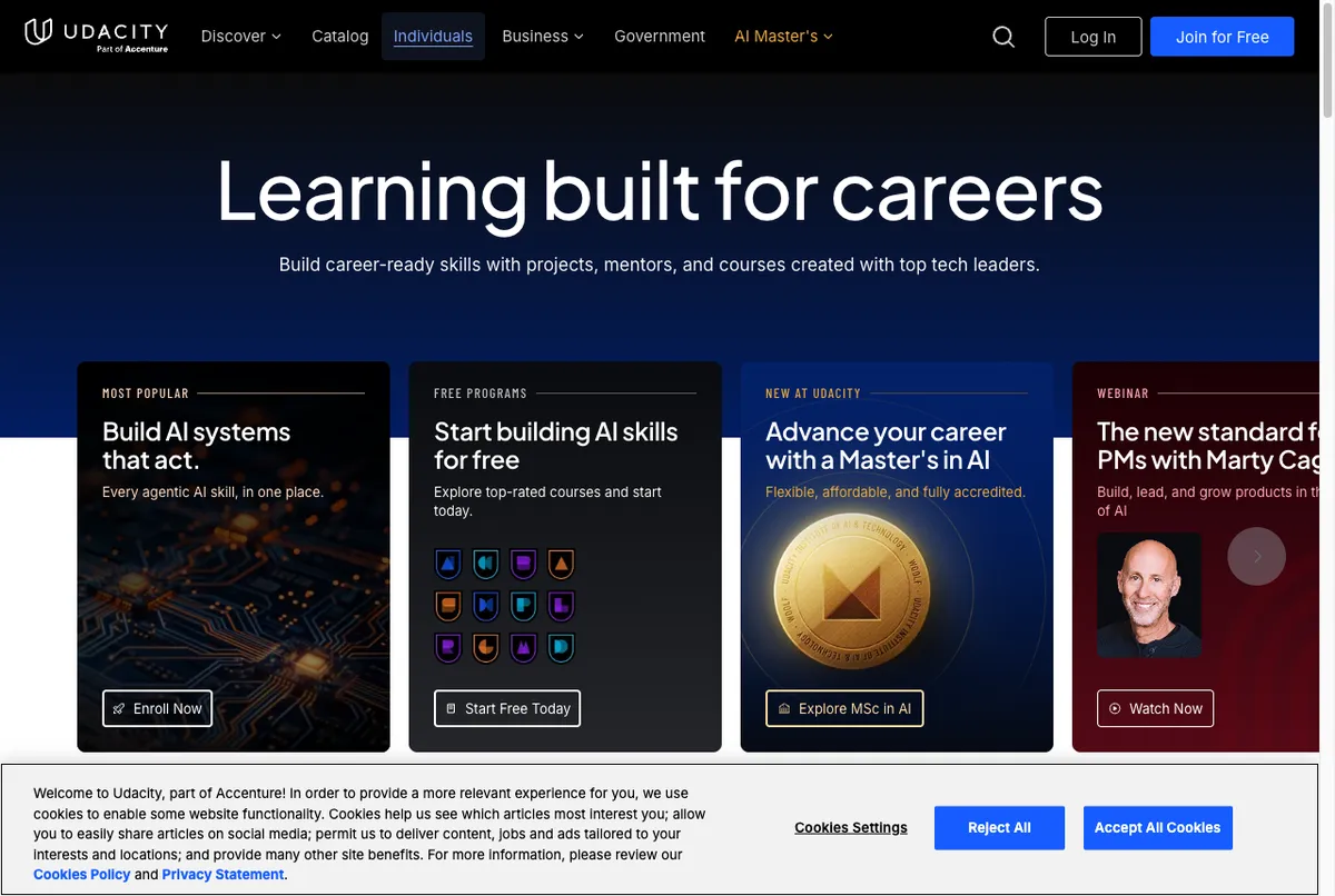 Halaman harga Udacity dengan langganan bulanan dan paket bundel