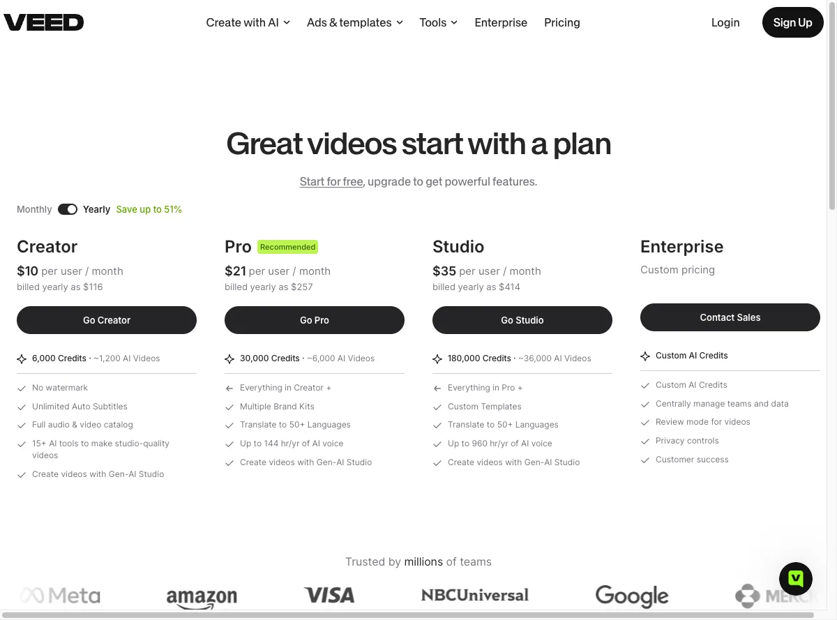 Harga langganan VEED.io di halaman resmi per Juli 2026
