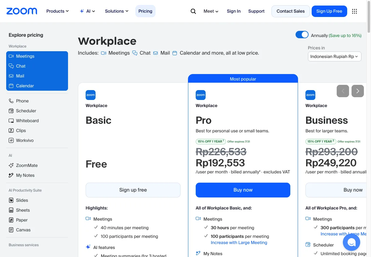 Halaman harga resmi Zoom Workplace dengan harga Rupiah paket Pro dan Business