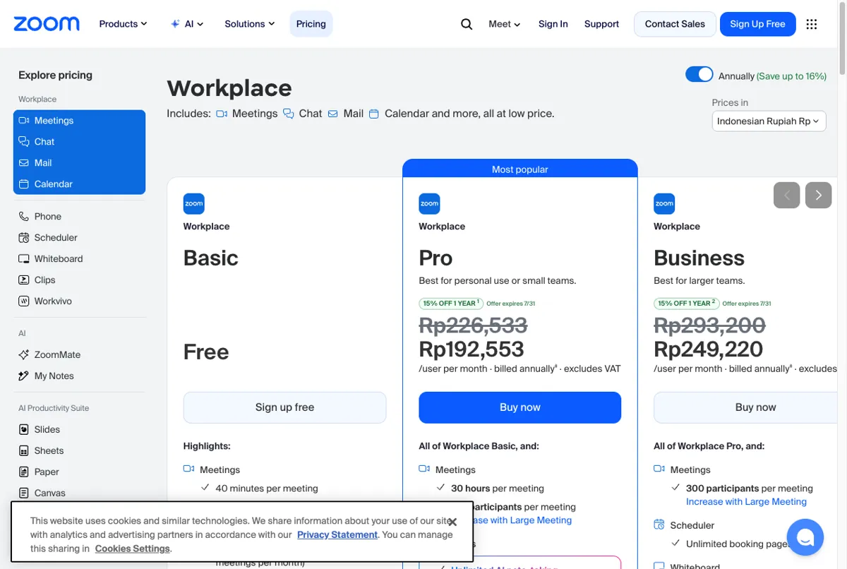 Harga Zoom Workplace Pro dan Business dalam Rupiah di halaman resmi Juli 2026