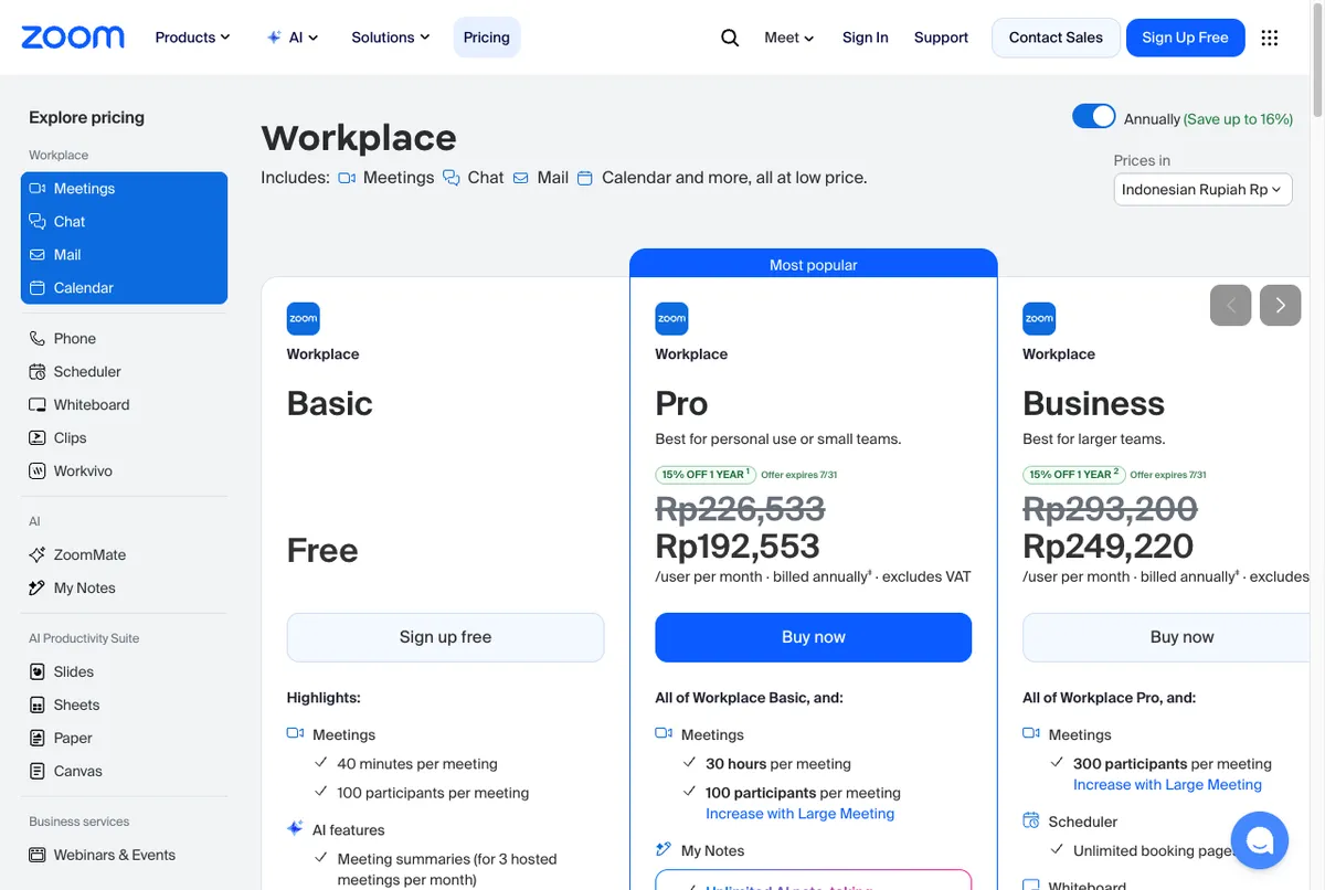 Tabel harga paket Zoom Workplace dalam Rupiah di halaman resmi zoom.us