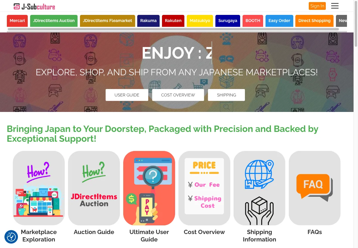 Halaman layanan proxy shopping J-Subculture untuk marketplace Jepang