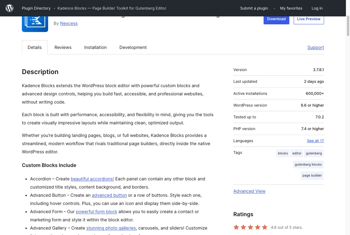 Halaman plugin Kadence Blocks di WordPress.org dengan 600 ribu pemasangan aktif dan rating 4,8