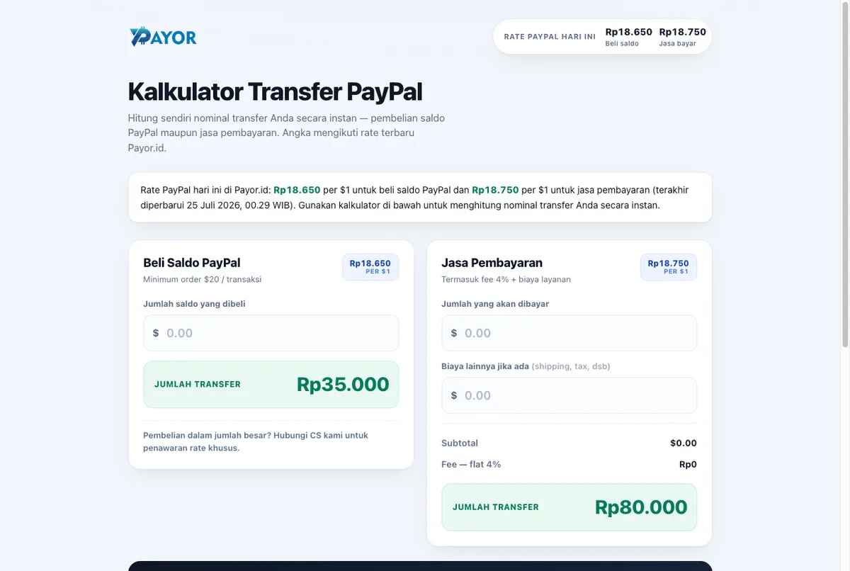 Halaman kalkulator rate PayPal Payor.id hasil vibe coding, live di payor.id/kalkulator/
