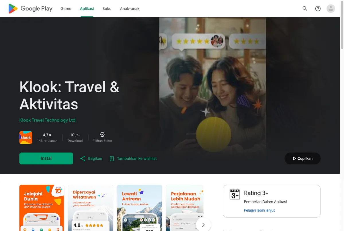Halaman resmi aplikasi Klook di Google Play beserta rating dan jumlah unduhan