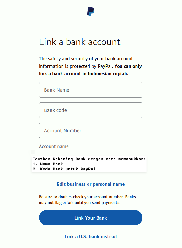 kode bank 7 digit di halaman paypal