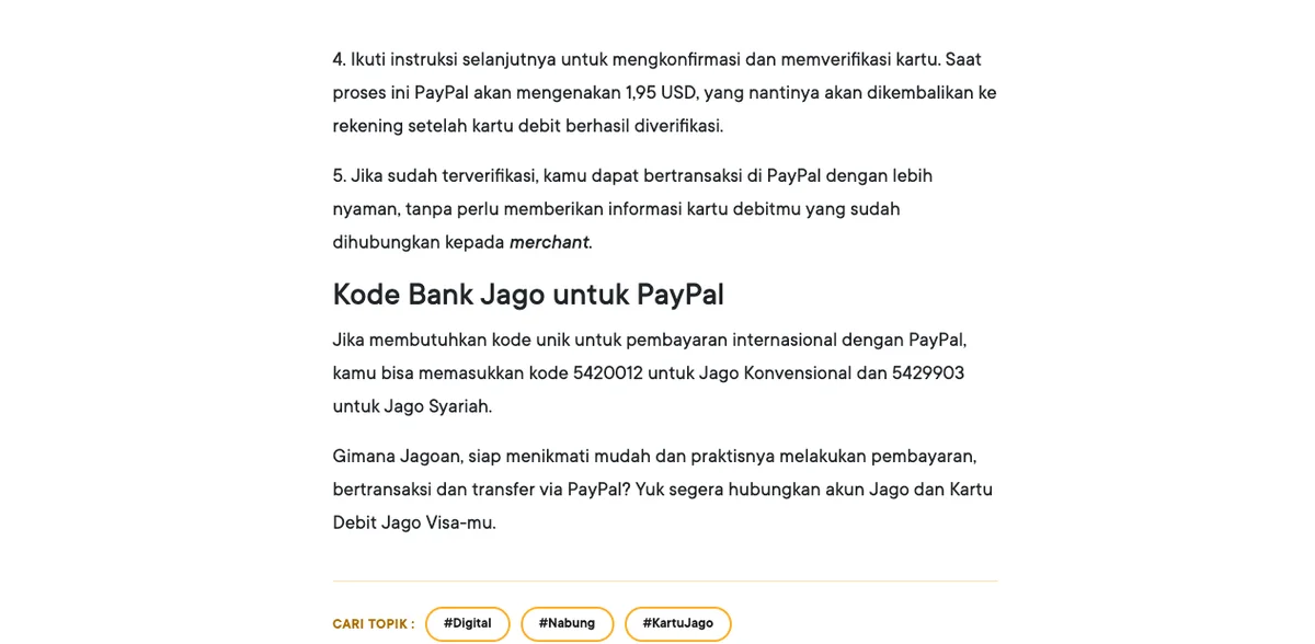 Kode bank Jago untuk PayPal 5420012 dan Jago Syariah 5429903 di blog resmi Bank Jago