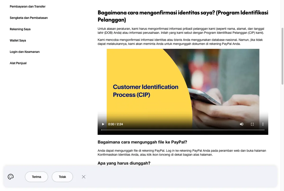 Halaman resmi PayPal tentang konfirmasi identitas Program Identifikasi Pelanggan