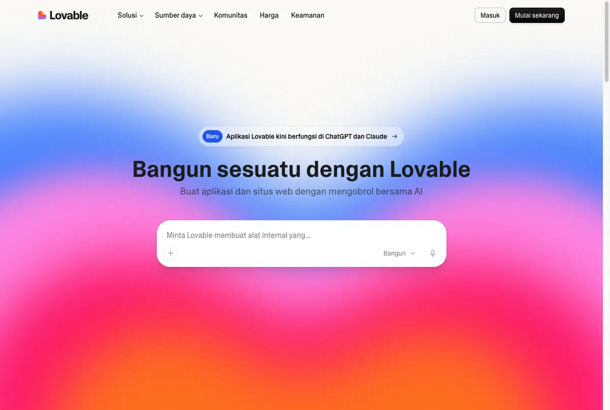 Halaman utama Lovable AI, pembuat aplikasi berbasis AI yang membuat aplikasi lewat percakapan
