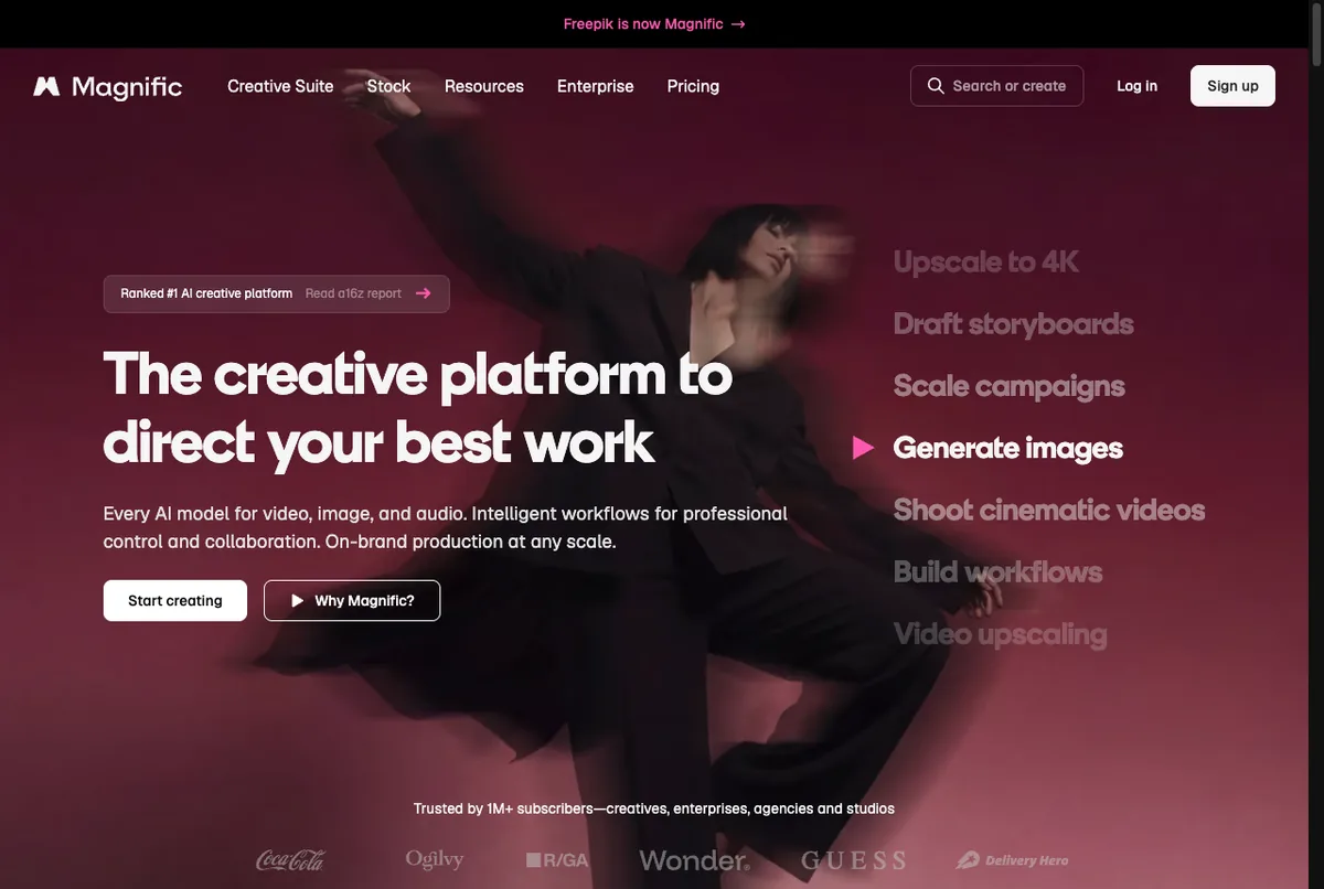 Halaman depan Magnific dengan banner Freepik is now Magnific di bagian atas