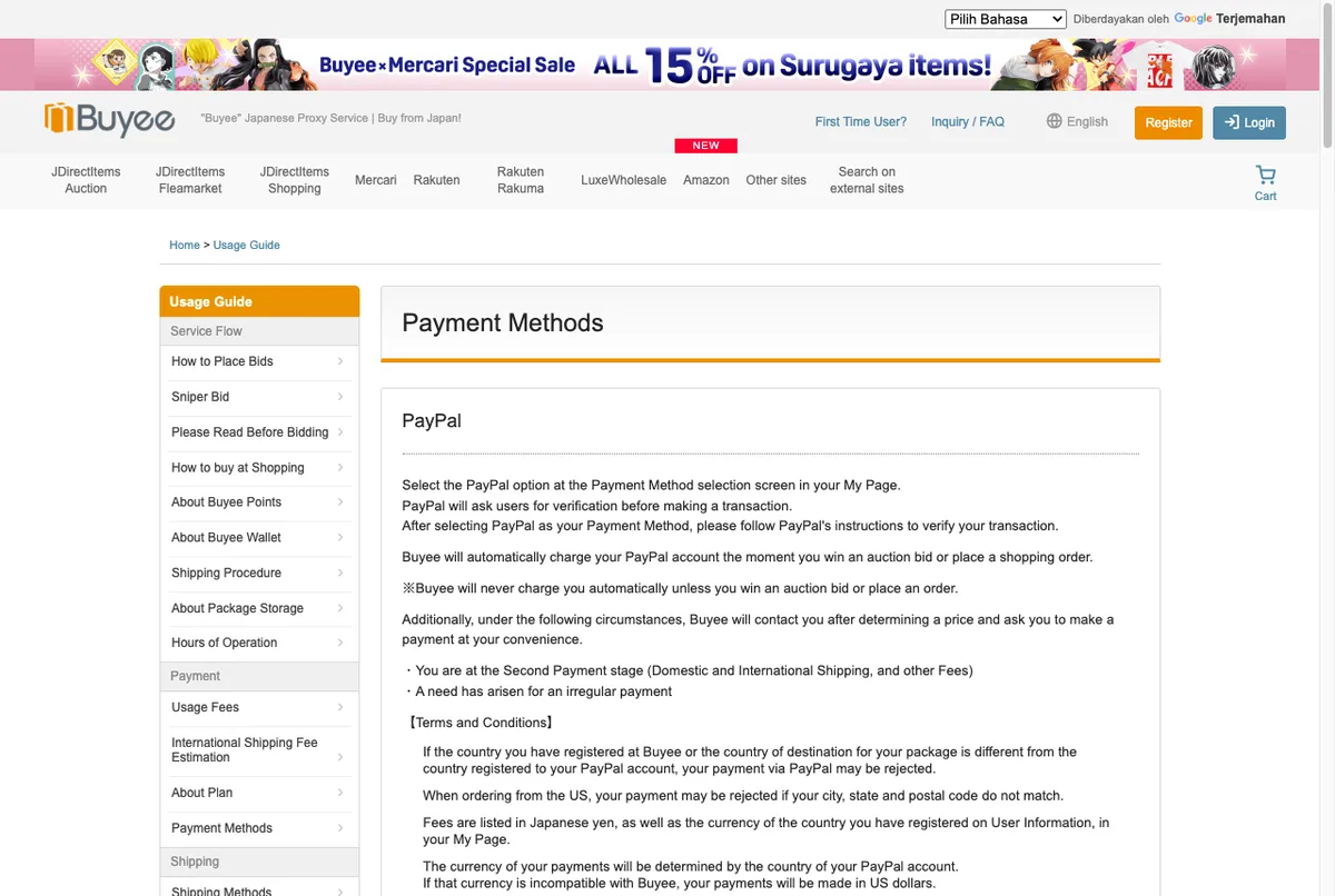 Ketentuan pembayaran PayPal di halaman resmi Buyee