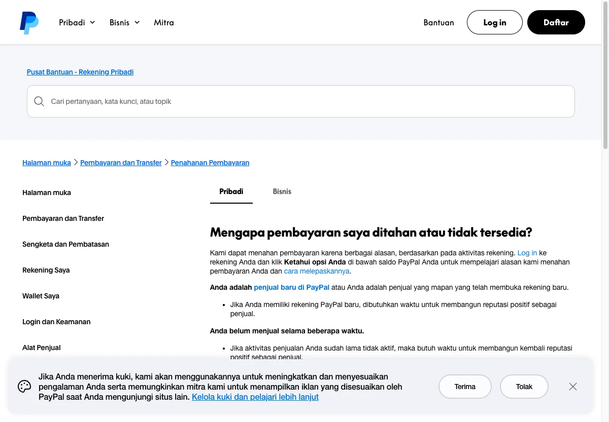 penyebab saldo paypal ditahan menurut halaman resmi paypal