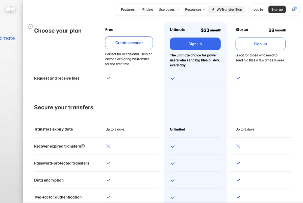 perbandingan fitur paket wetransfer free ultimate starter