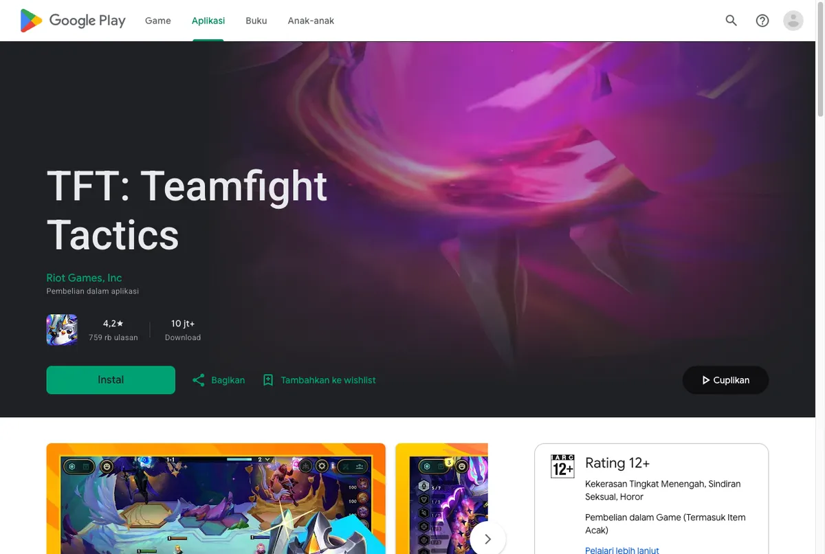 Halaman resmi TFT Teamfight Tactics di Google Play dengan keterangan pembelian dalam aplikasi