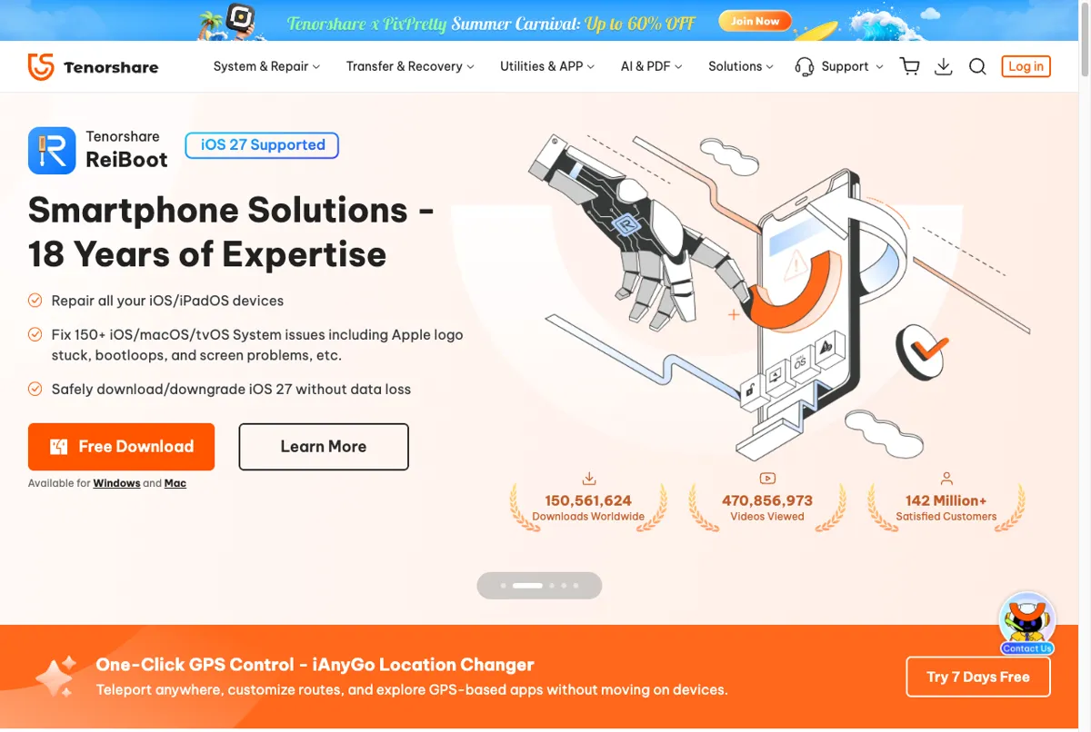 Halaman resmi Tenorshare software perbaikan smartphone