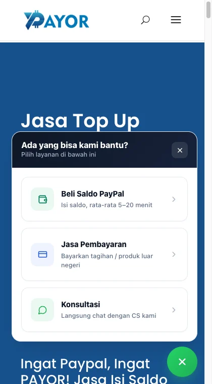 Widget chat WhatsApp Payor.id hasil vibe coding dengan tiga pilihan layanan