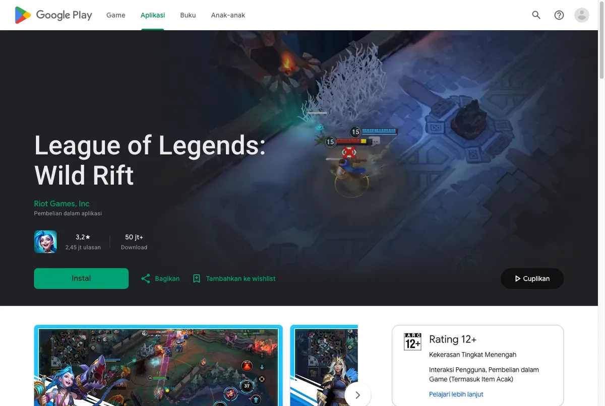 Halaman resmi League of Legends Wild Rift di Google Play dengan keterangan pembelian dalam aplikasi