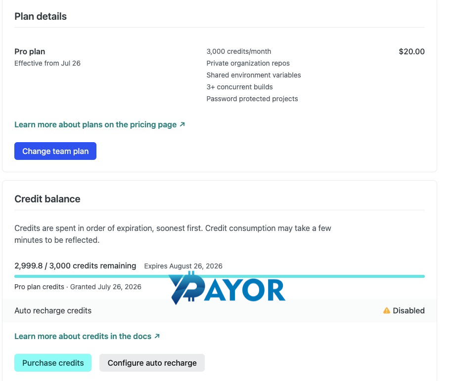 Netlify adalah layanan berbasis kredit — dasbor paket Pro US$20 dengan 3.000 kredit per bulan yang kedaluwarsa 26 Agustus 2026
