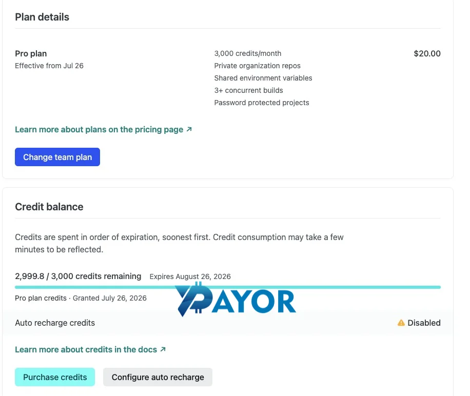 Netlify adalah layanan berbasis kredit — dasbor paket Pro US$20 dengan 3.000 kredit per bulan yang kedaluwarsa 26 Agustus 2026