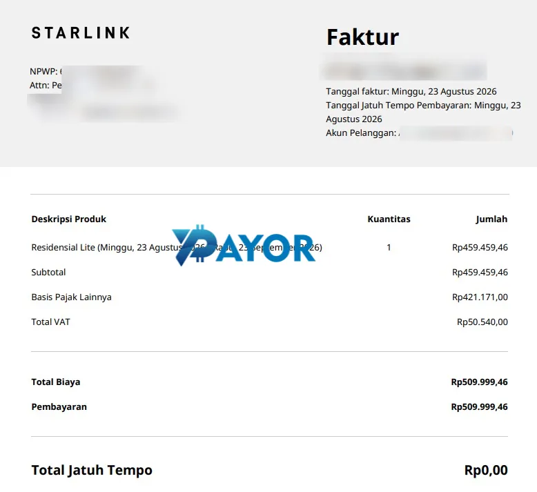 Bukti cara bayar Starlink lewat Payor: faktur Residensial Lite Rp509.999 lunas, dibayar dengan kartu kredit internasional, Agustus 2026