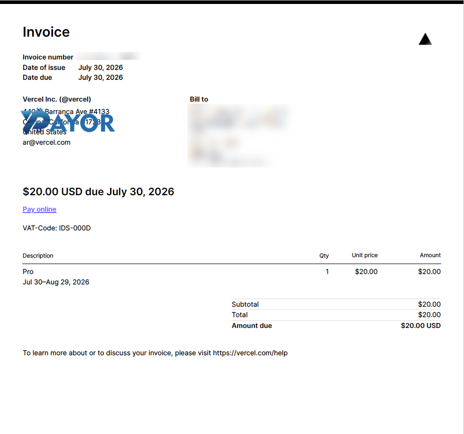 Vercel adalah layanan berlangganan bulanan — invoice paket Pro senilai US$20,00 periode 30 Juli sampai 29 Agustus 2026