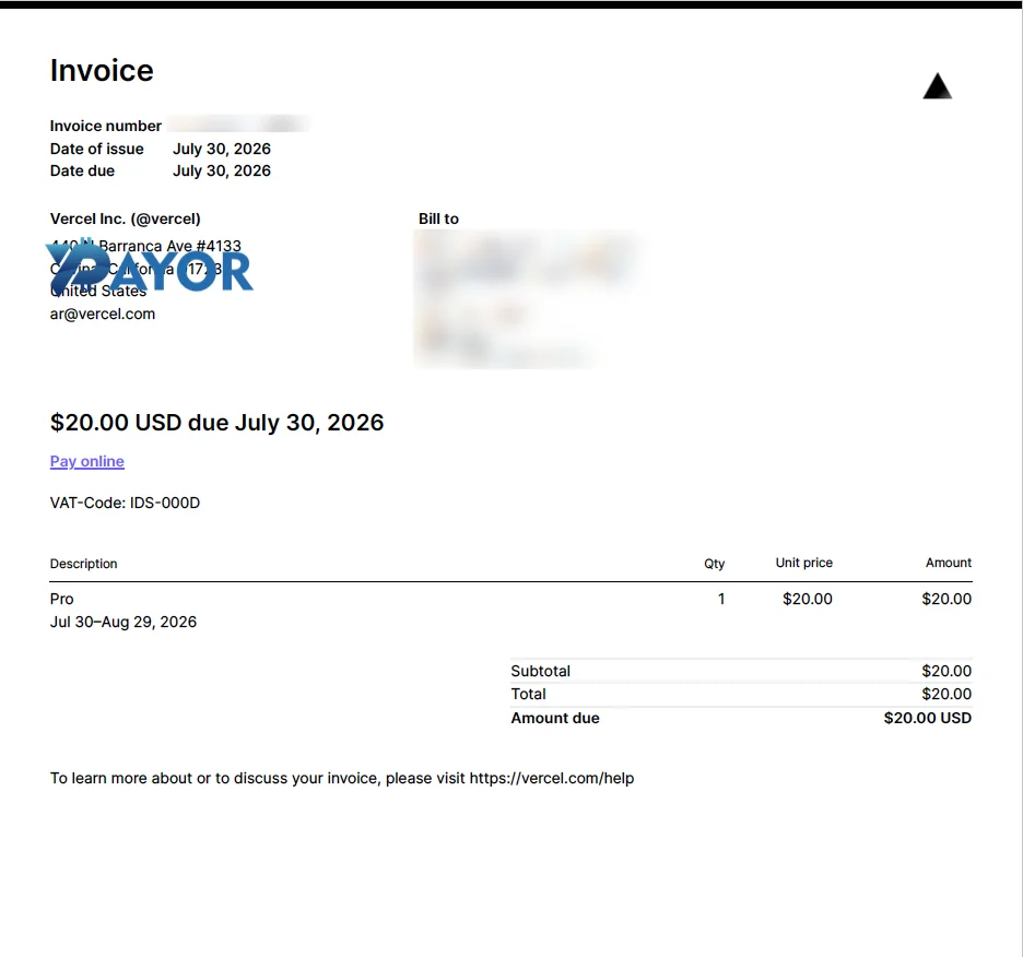 Vercel adalah layanan berlangganan bulanan — invoice paket Pro senilai US$20,00 periode 30 Juli sampai 29 Agustus 2026