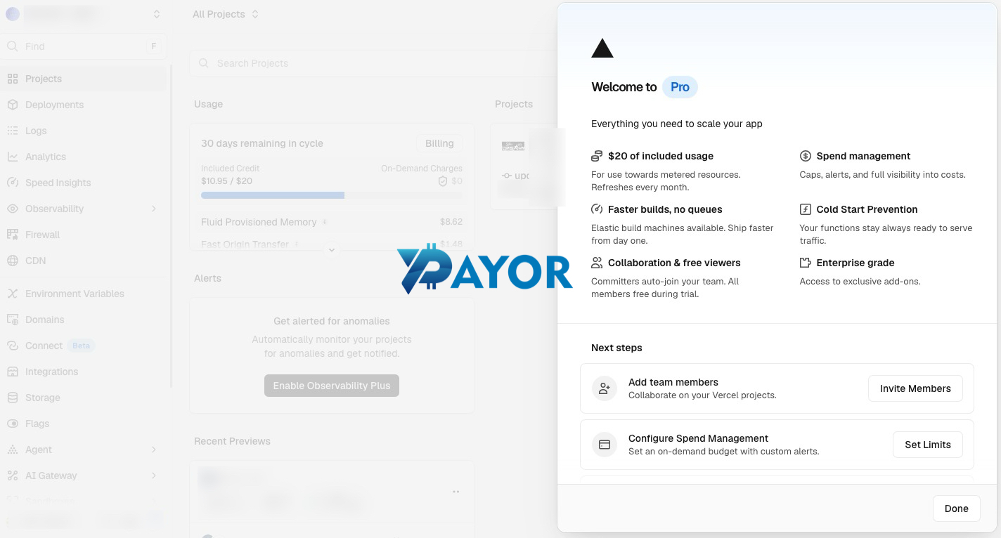 Dasbor Vercel Pro menampilkan kredit terpakai US$10,95 dari US$20 dengan rincian Fluid Provisioned Memory dan Fast Origin Transfer