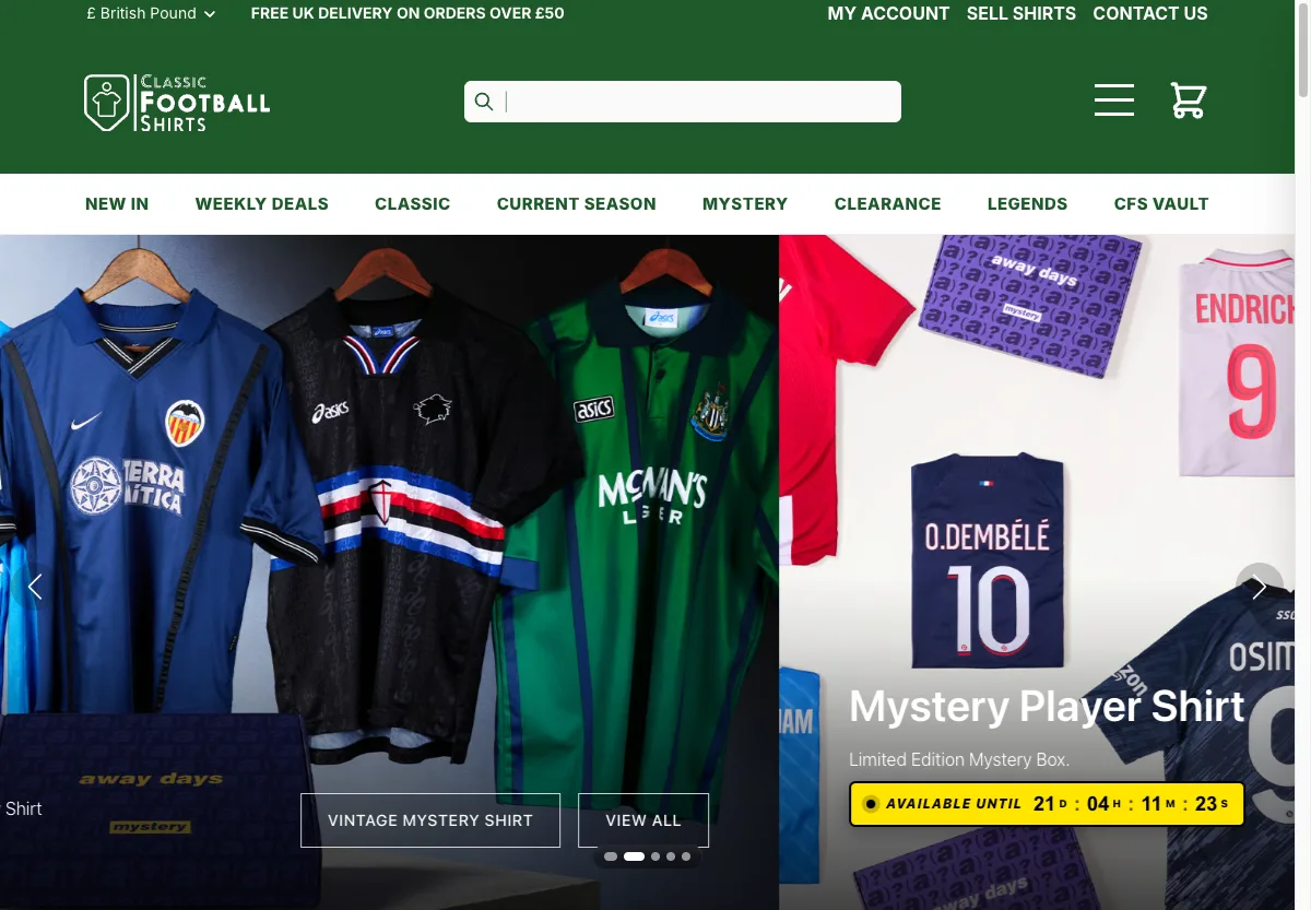 Halaman utama Classic Football Shirts toko jersey retro asal Inggris