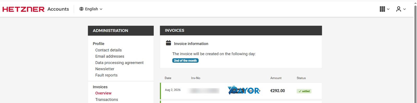 Dasbor billing Hetzner Accounts pelanggan Payor dengan invoice berstatus settled