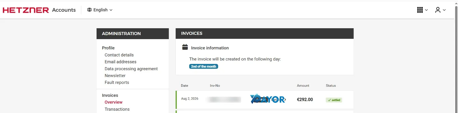 Dasbor billing Hetzner Accounts pelanggan Payor dengan invoice berstatus settled