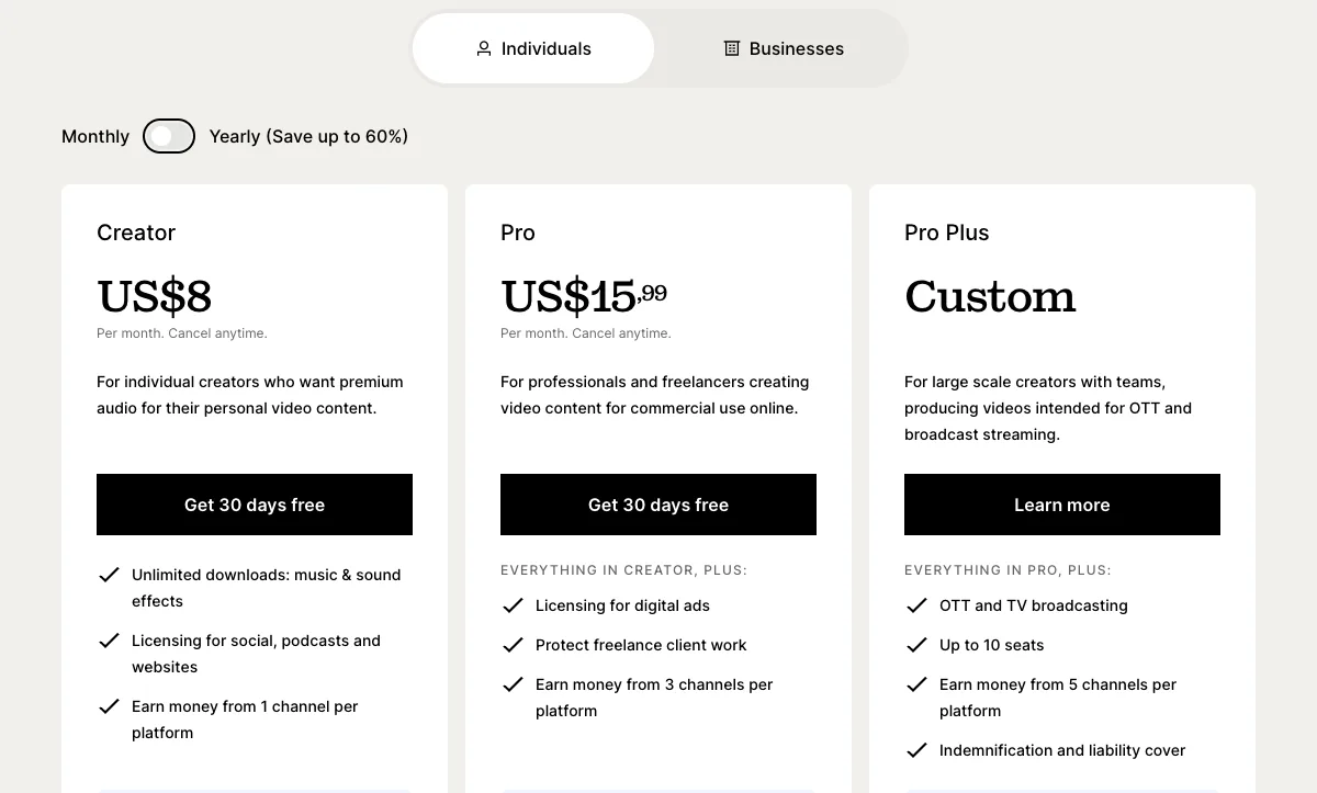 Harga resmi Epidemic Sound per Agustus 2026 skema bulanan Creator US$8 dan Pro US$15,99