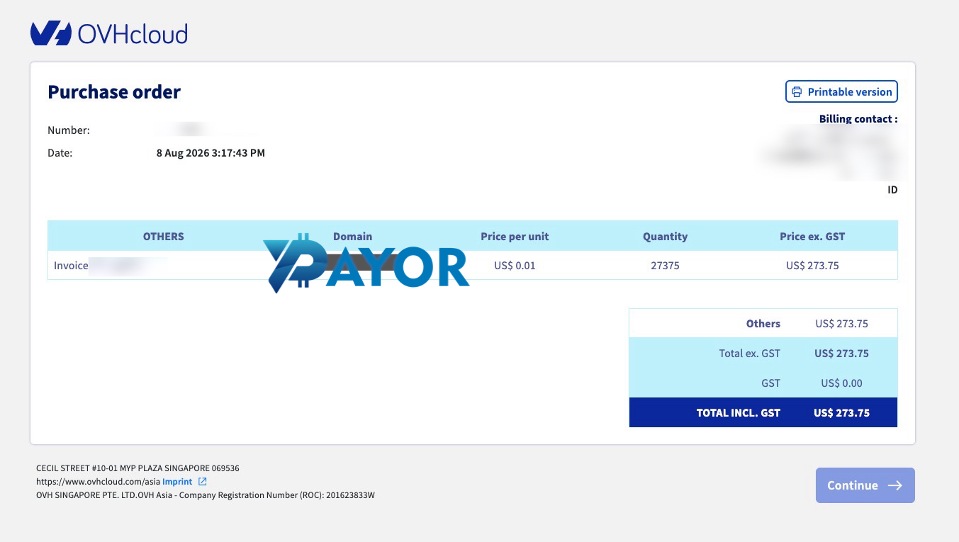 invoice tagihan ovhcloud senilai US$273,75
