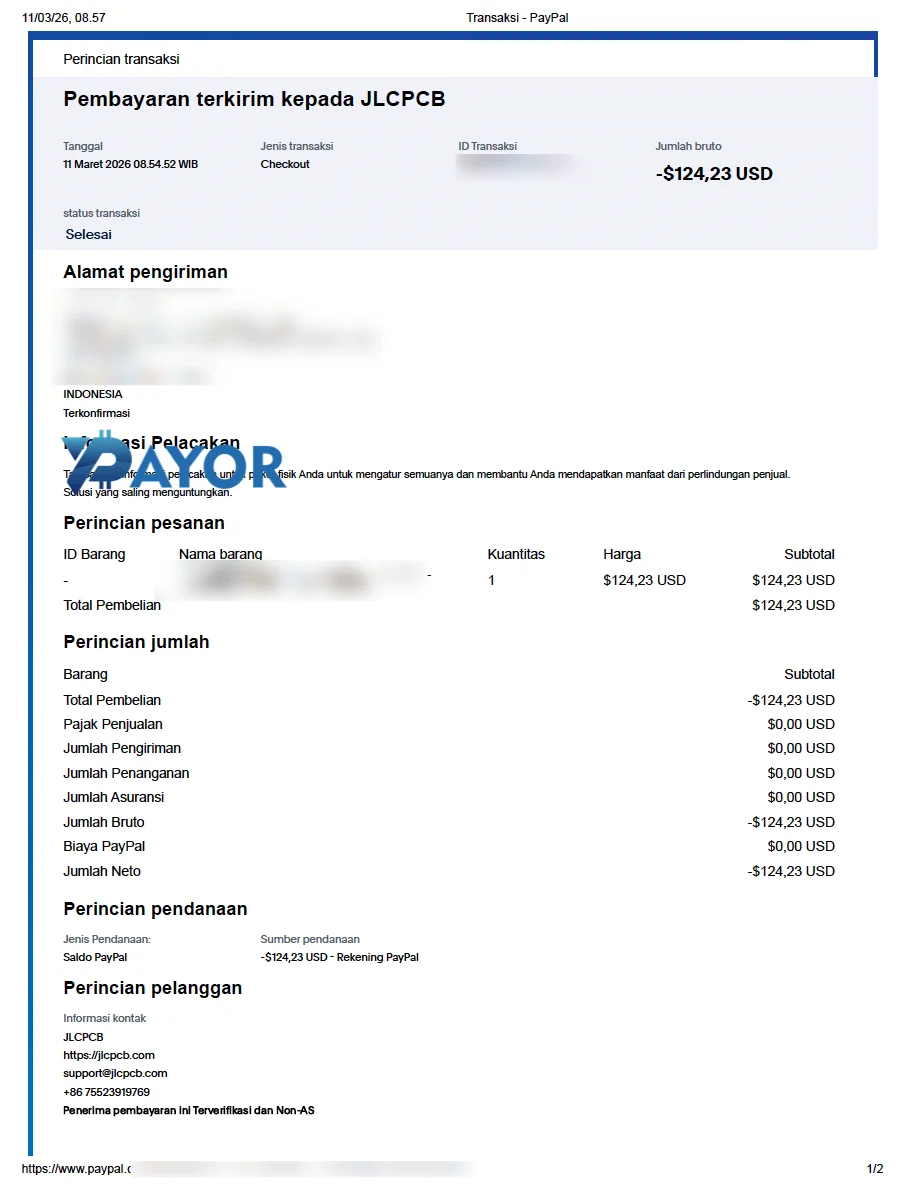 resi PayPal pembayaran pesanan PCB JLCPCB melalui Payor