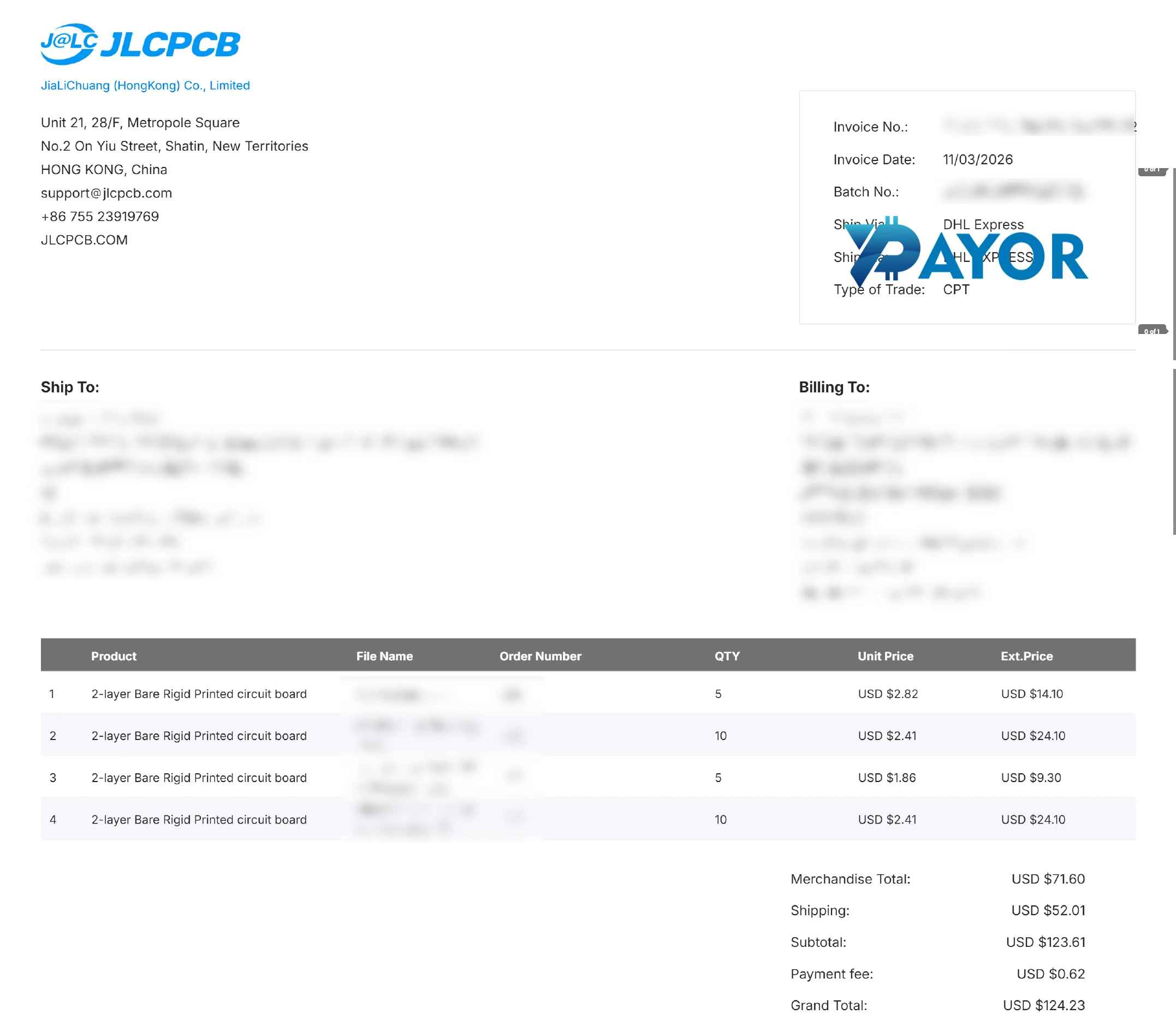 invoice resmi JLCPCB pesanan PCB dua lapis ke Indonesia
